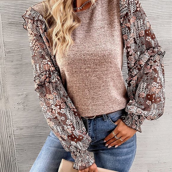 Coffee Brown Casual Womens Floral Print Lantern Sleeve Ruffle Trim Top - Picture 5 of 5